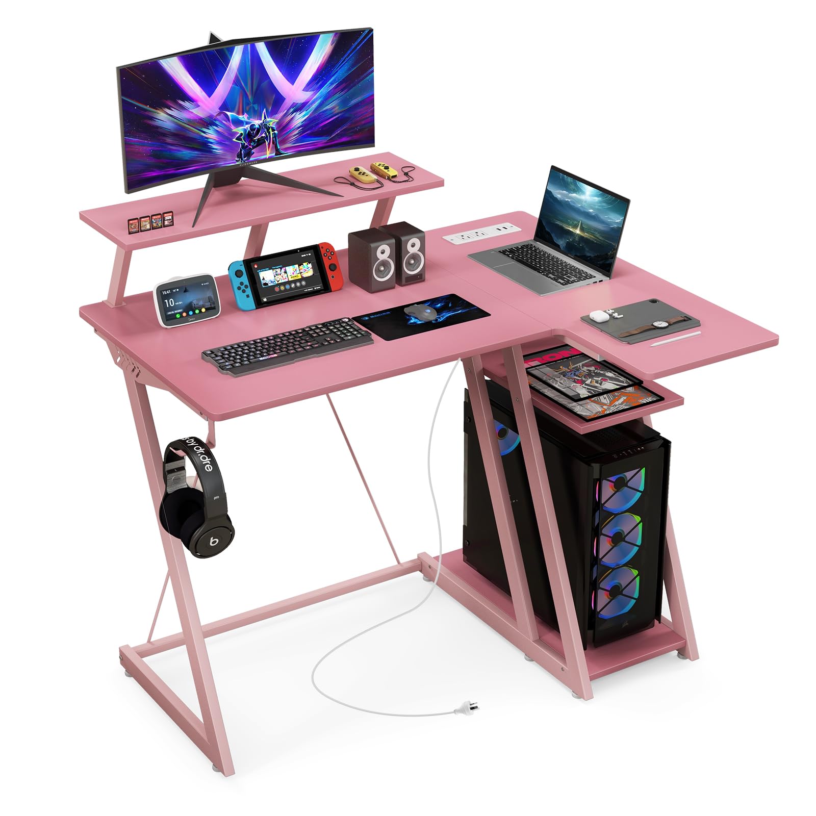 Tangkula L Shaped Gaming Desk with Power Outlets, Small Gaming Computer Desk 39inch with Storage Shelf, Corner Desk with Carbon Fiber Texture, Gamer Desk Gaming Table (Pink)