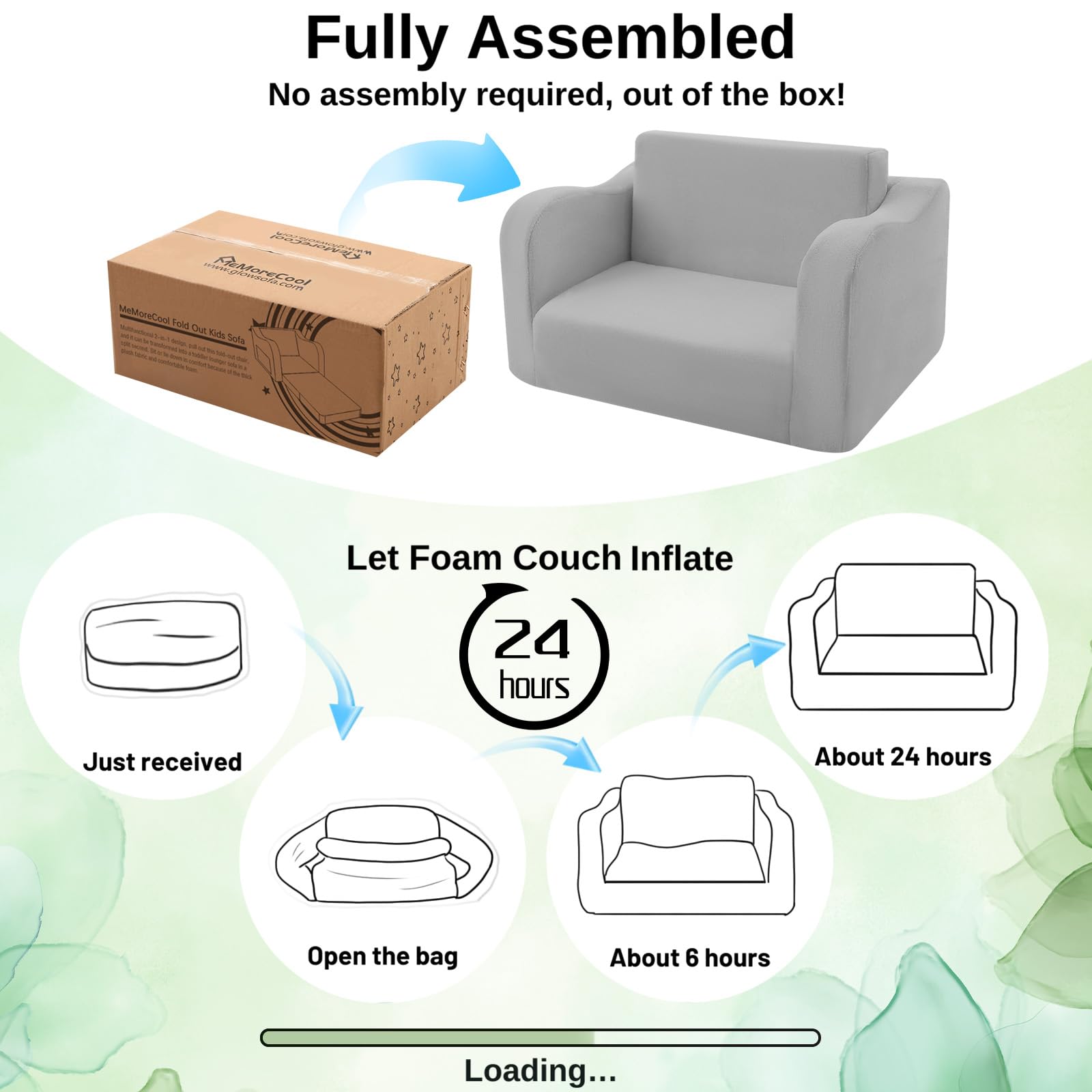 MeMoreCool Fold Out Kids Couch Toddler Chair, Comfy Baby Sofa Kid Lounge Chair for Toddlers 1-4, Convertible Child Recliner Foldable Children Couch Bed, Pull Out Chair for Boy Girl, Grey