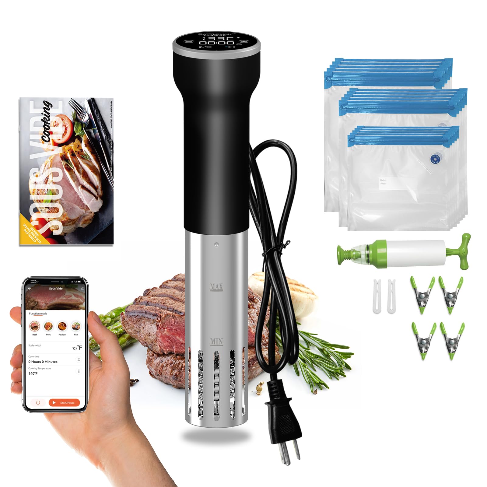 Sous Vide Cooker WiFi Kit, Cattleman Cuisine Sous Vide Machine, Immersion Circulators for Suvee Cooker Kit with Vacuum Bags, Vacuum Pump, Precision Temperature Timer, 1000W, Noise-free, Waterproof