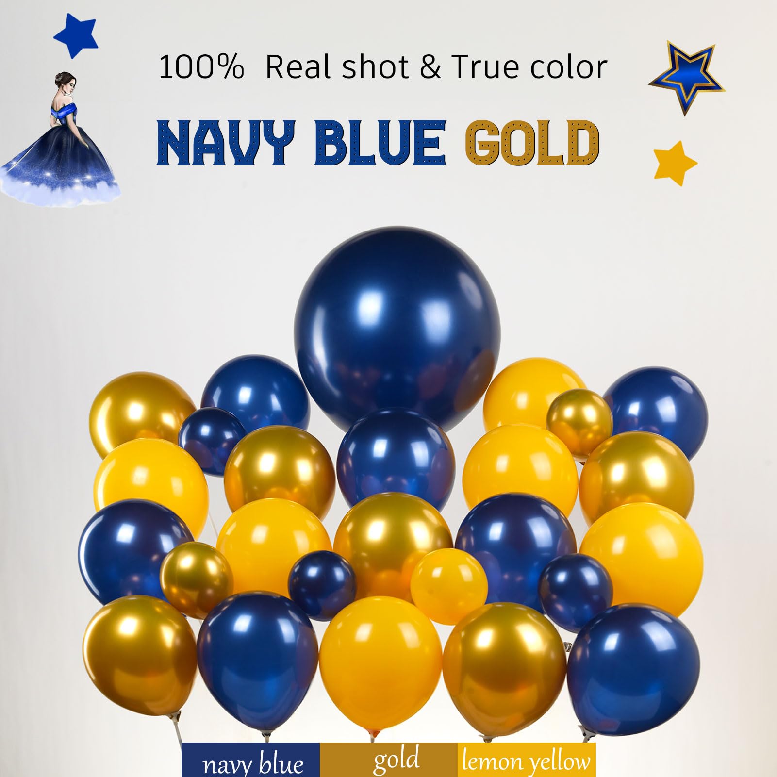 Pearl Navy Blue and Gold Balloon Garland Arch Kit 132Pcs pearl Deep navy and chrome gold lemon yellow balloons for Boy Baby shower prince birthday cartoon Lion theme birthday decorations