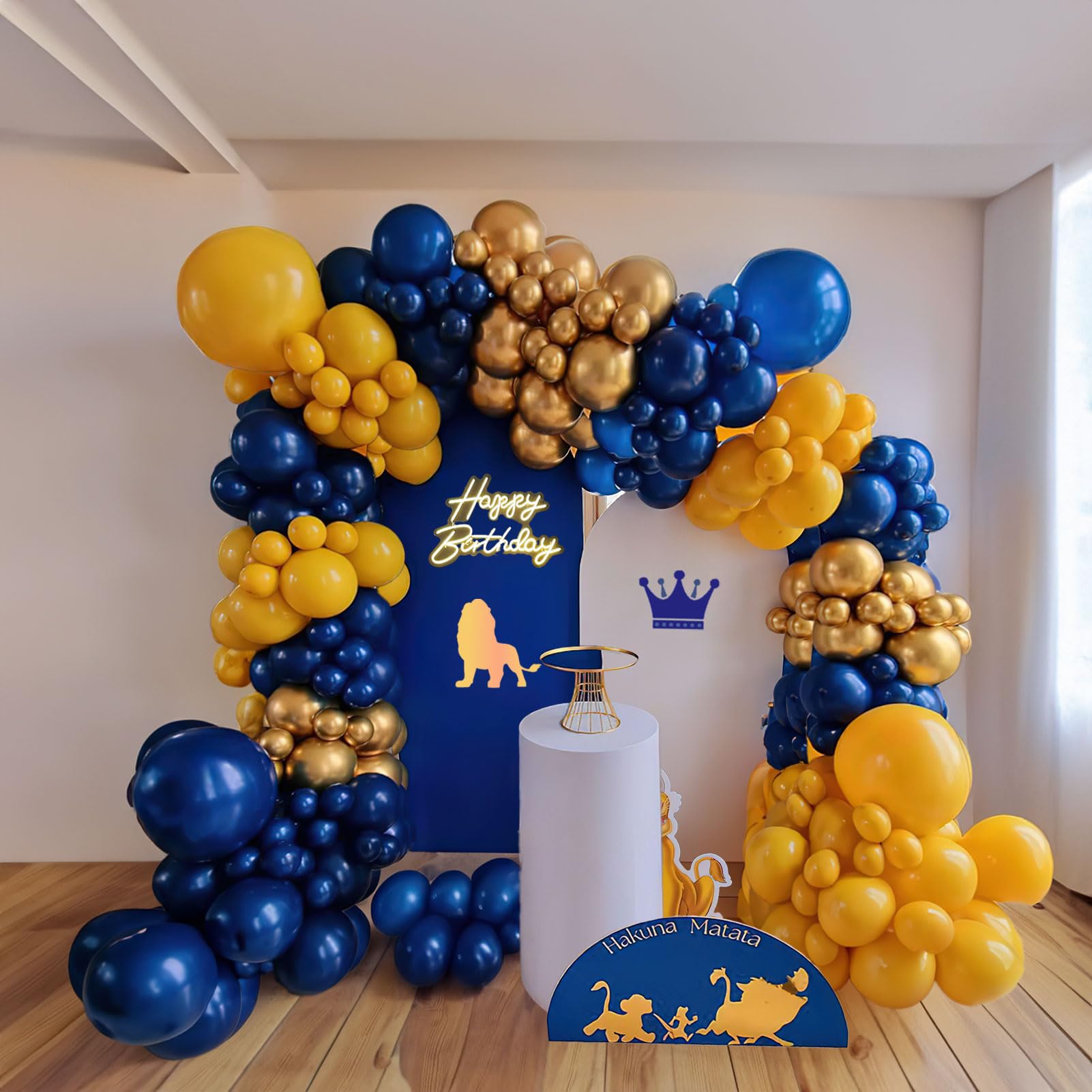 Pearl Navy Blue and Gold Balloon Garland Arch Kit 132Pcs pearl Deep navy and chrome gold lemon yellow balloons for Boy Baby shower prince birthday cartoon Lion theme birthday decorations