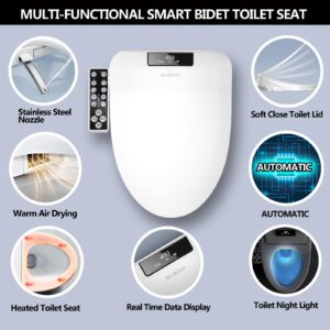 WLJBIDET Round Bidet Toilet Seat,Electronic Heated Smart Toilet Seat with Unlimited Heated Water and Warm Air Dryer,Adjustable Temperature,Self-Cleaning Stainless Steel Nozzle,Side Panel Control