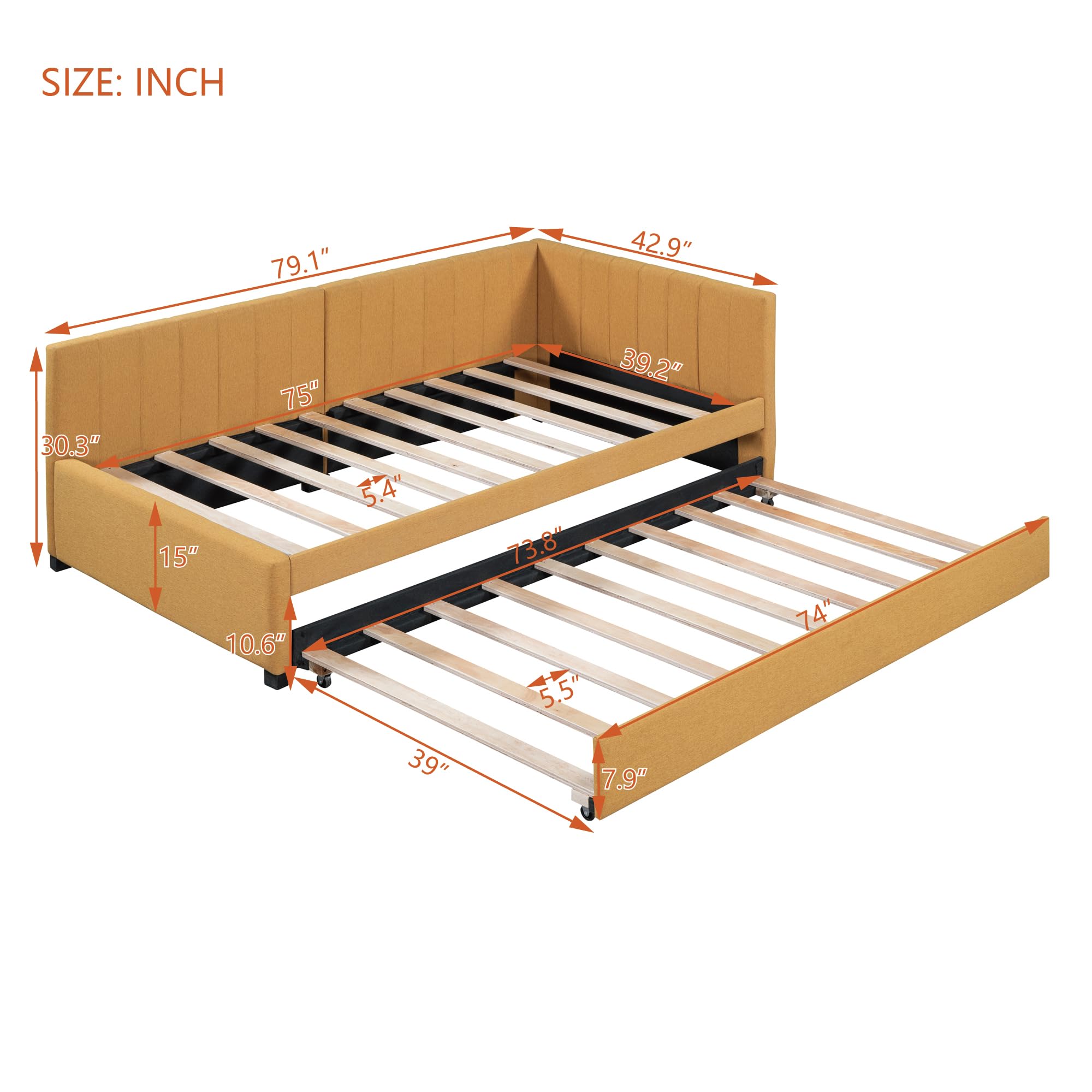 Acosure Twin Upholstered Linen Daybed Size Trundle,Sofa Bed Frame W/Slat Support and Back & Armrest,No Box Spring Needed,for Apartment,Bedroom,Guest Room,Yellow