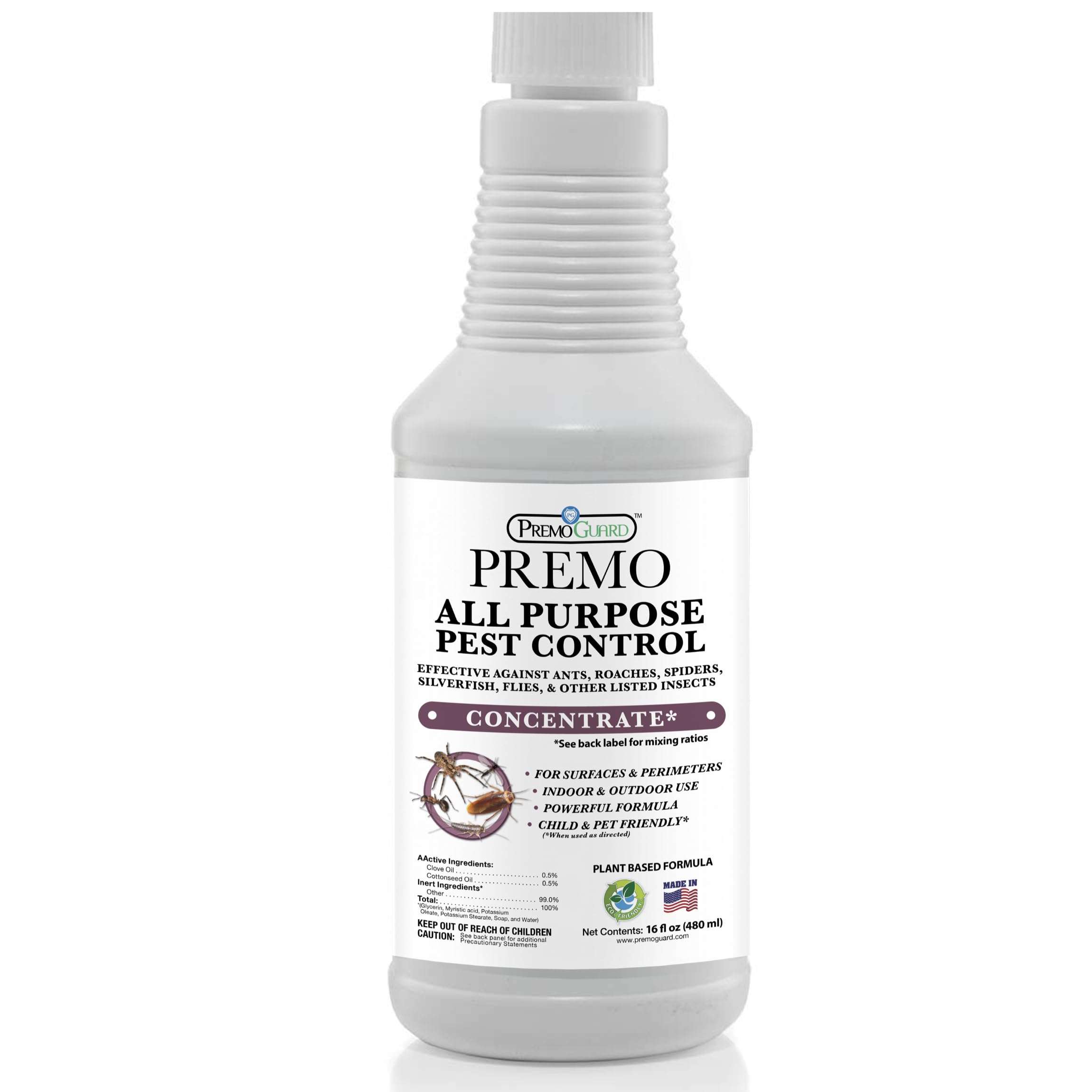 Pest Control by Premo Guard – 16 oz Concentrate Makes Up to 2.5 Gal – Bug, Roach, Fleas, Fruit Fly, Ant, Spider Killer – Effective Plant Based – Child and Pet Safe