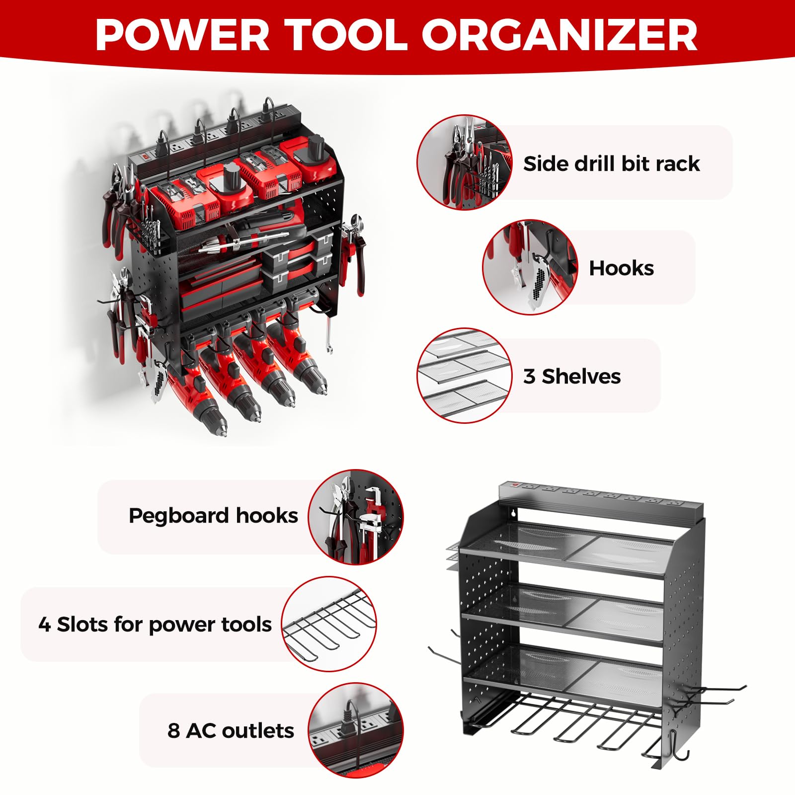 Power Tool Organizer with Charging Station, 4 Drills Holder Wall Mount Rack, 3 Layer Storage Rack,Side Pegboard with Screwdriver Holder/Plier Holder,etc, Garage Power Tool Storage with Power Strip