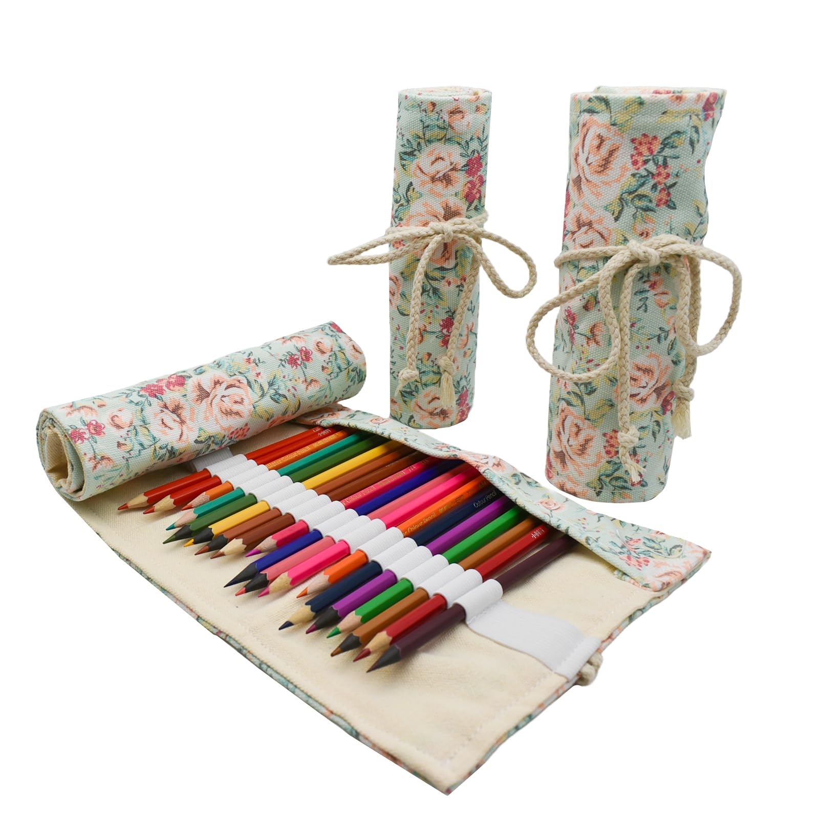 Maydahui 24/48/72 Slots Colored Pencil Roll Wraps Canvas Pencils Roll Holder Pencil Pouch Aesthetic Case Organizer Bag for Art Lovers Artist Drawing(Floral,72 Slots)