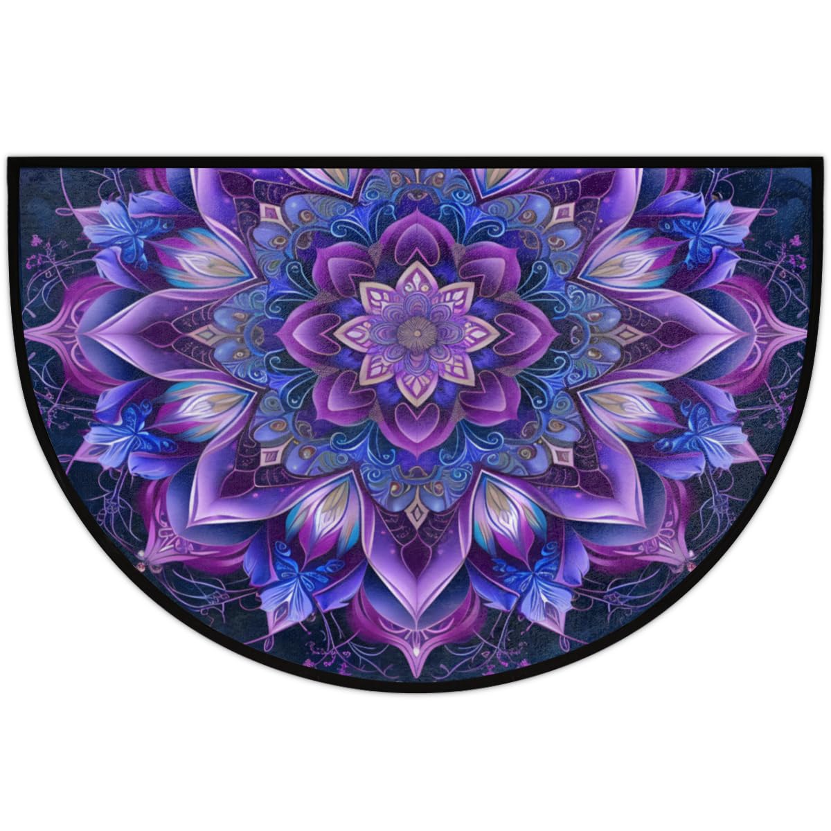 Purple Mandala Half Round Door Mat Indoor Entrance Boho Flower Washable Half Circle Area Rugs Non Slip Half Moon Rug Semi Circle Bathroom Rugs Floor Carpet for Kithen Bedroom Fireplace Decor