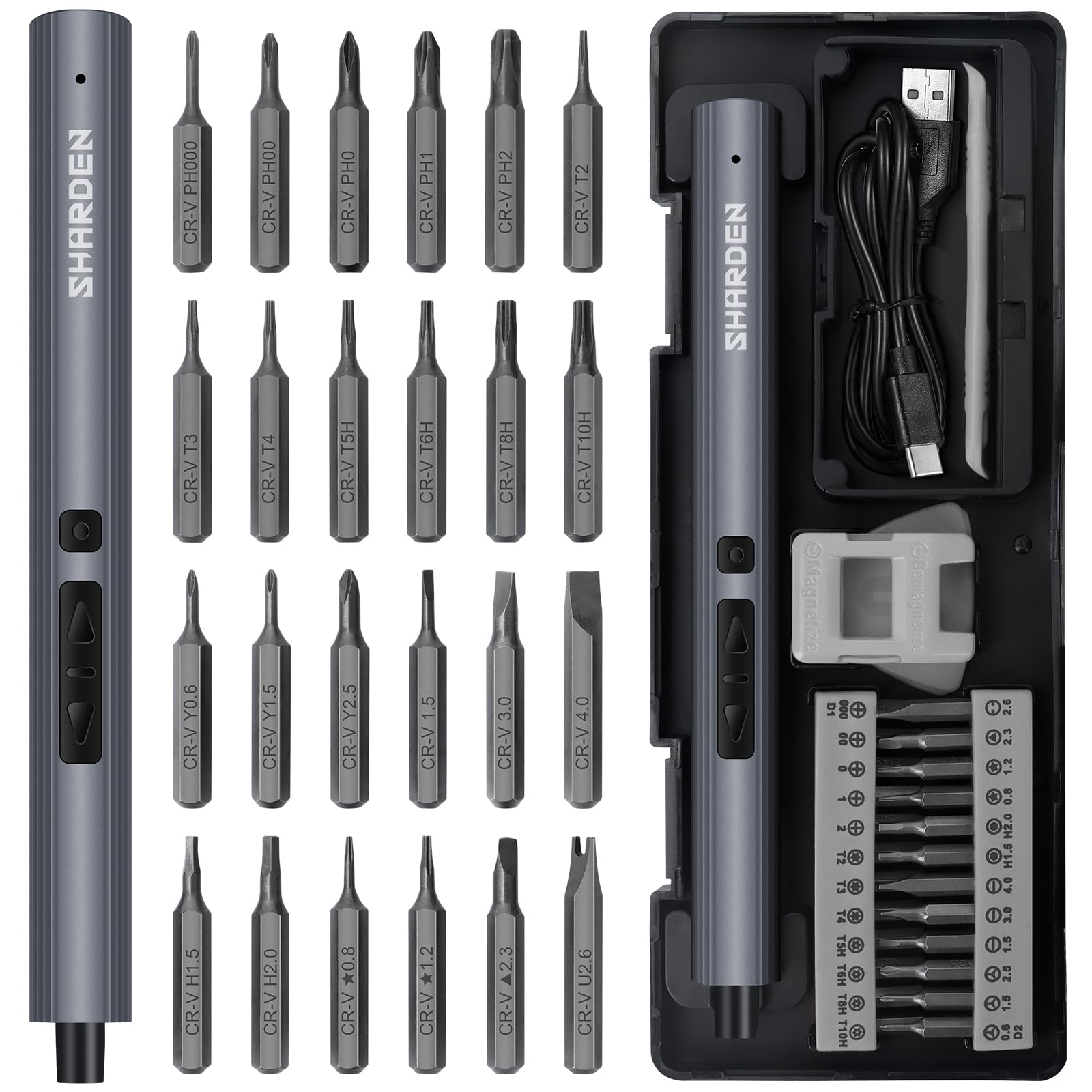 SHARDEN Mini Electric Screwdriver,29 in 1 Small Electric Screwdriver Kit with 24 Magnetic Bits,Precision Screwdriver Cordless Repair Tool for Phone Camera Laptop Watch