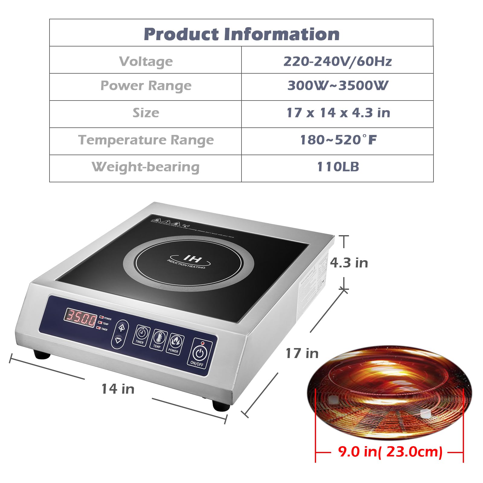 Commercial Induction Cooktop,3500W/ 240V Portable Electric Induction Countertop Burner with Stainless Steel Housing, Durable Commercial Induction Hot Plate for Hotel Restaurant School