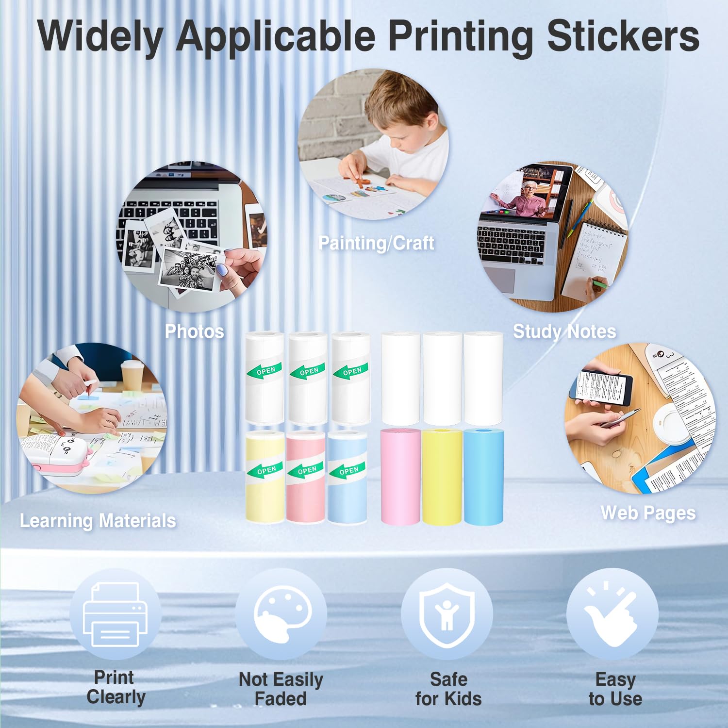 Mini Printer Paper Thermal Sticker printer Paper Mini Thermal Printer Paper Photo Printer Labels kids camera paper 10 roll Suitable for Various Inkless Sticker Printers