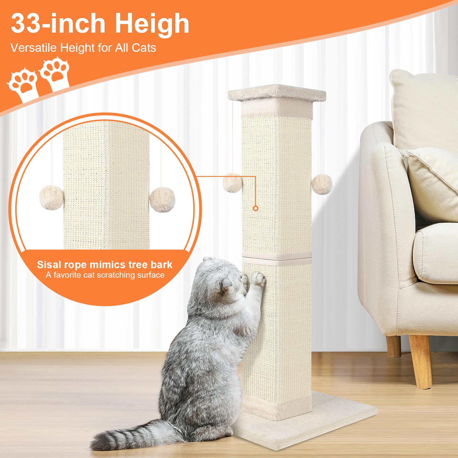 SOCATER Cat Scratching Post 33 Inch Nature Sisal Cat Scratch Post for Indoor Cats, Large Cat Scratcher Protect Your Furniture, for All Breeds