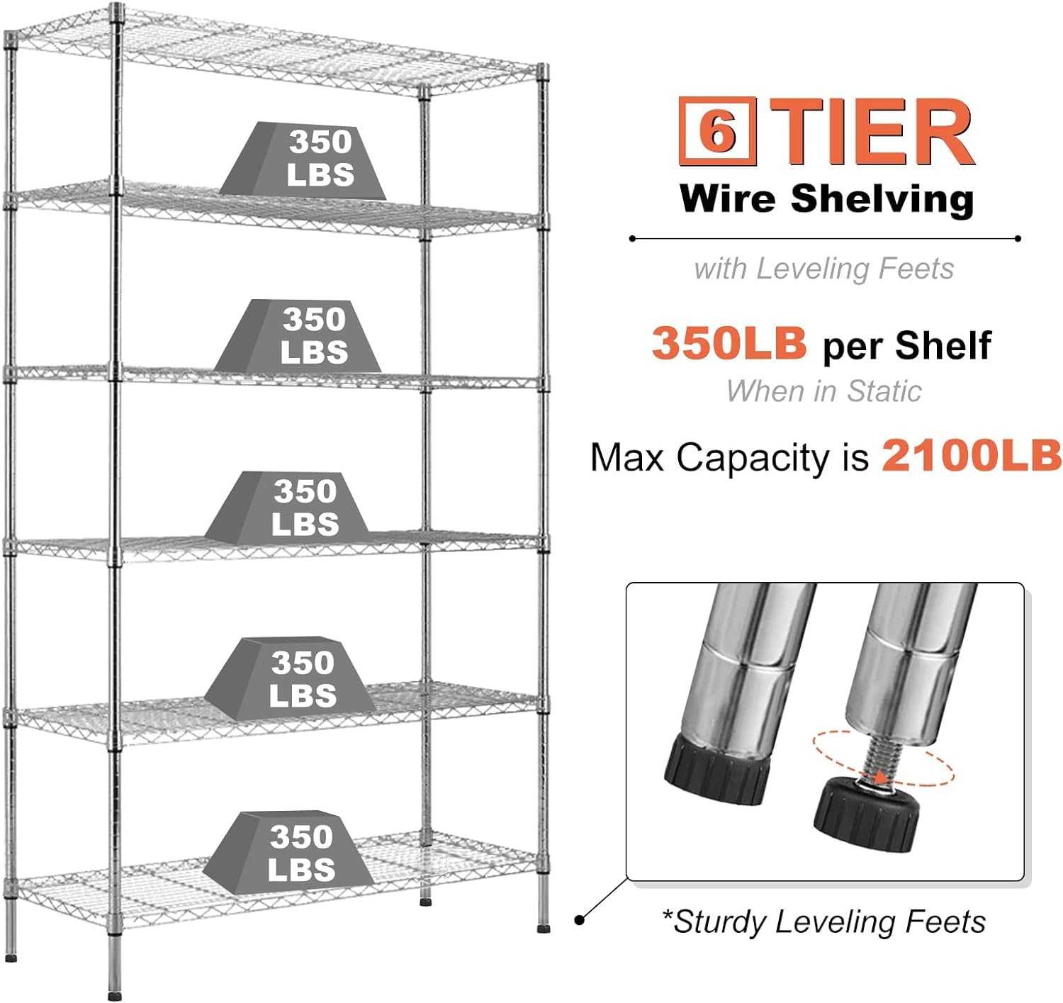 YRLLENSDAN 6-Tier Steel Storage 2100Lbs Capacity Wire Shelving W/Wheels Heavy Duty Metal Shelves Adjustable Steel Shelving Shelving Rack for Kitchens garages,18"x48"x82", Chrome