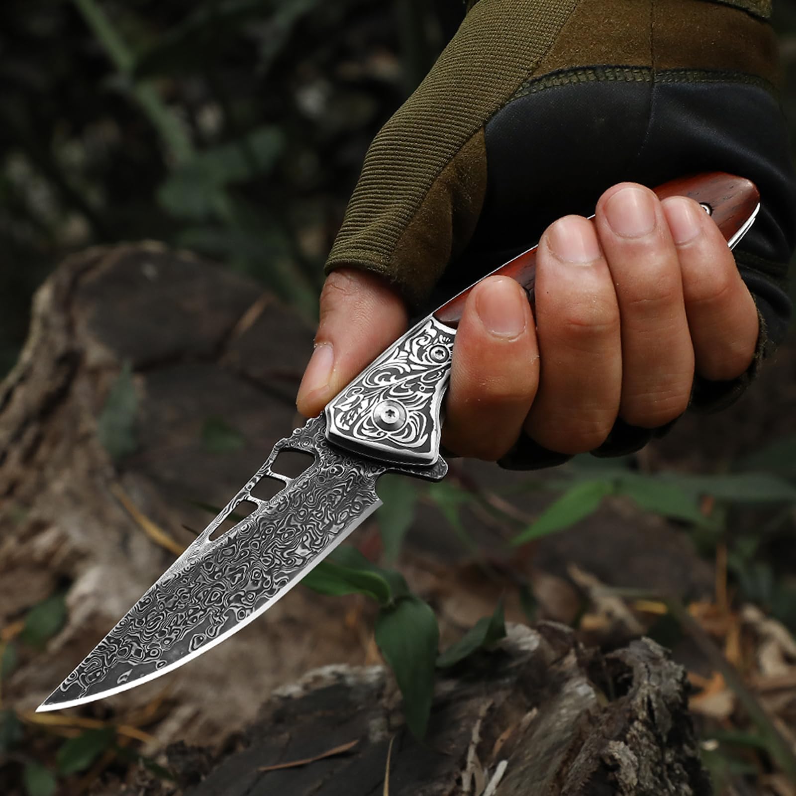 DRACHENADER Handmade Damascus Pocket Knife with Clip Vg10 67-Layers Real Damascus Steel Folding Knife with Liner Lock Japanese Style for Men, Wooden Handle