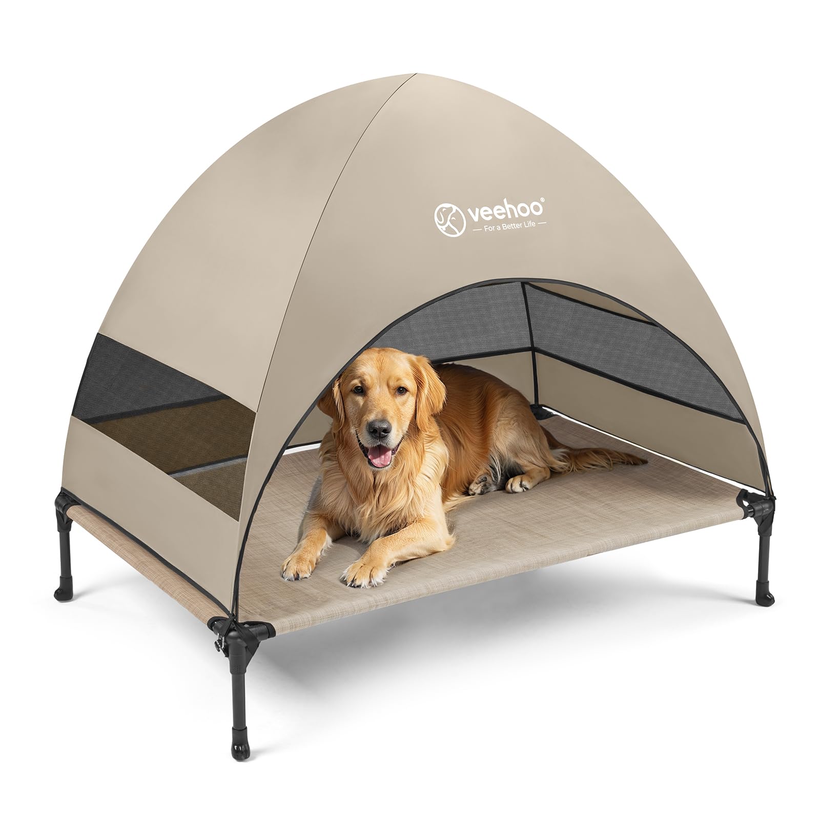 Veehoo Outdoor Dog Bed with Canopy, Cooling Elevated Dog Bed with Removable Shade, Non-Slip Feet, Raised Dog Cot Bed for Large Dogs, Dog Tent Bed for Camping, Beach, Large, Beige Coffee CWC2411