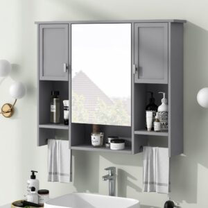 linique medicine cabinet with mirror, shelves, 2 towel bars, modern wall-mounted bathroom storage cabinet with 3 doors, grey