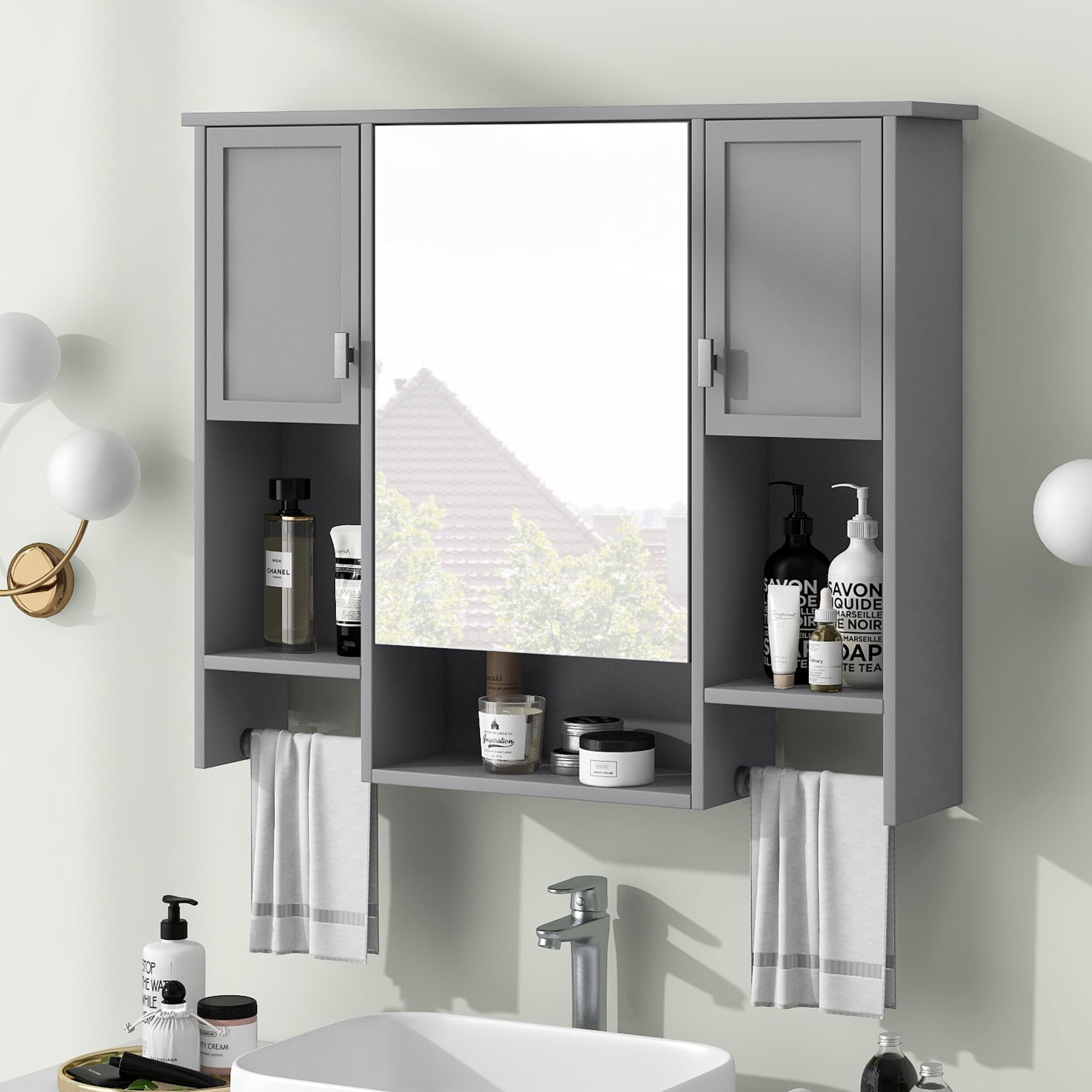 Linique Medicine Cabinet with Mirror, Shelves, 2 Towel Bars, Modern Wall-Mounted Bathroom Storage Cabinet with 3 Doors, Grey