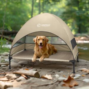 Veehoo Outdoor Dog Bed with Canopy, Cooling Elevated Dog Bed with Removable Shade, Non-Slip Feet, Raised Dog Cot Bed for Large Dogs, Dog Tent Bed for Camping, Beach, Large, Beige Coffee CWC2411