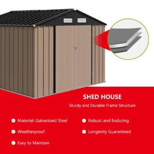 JoanKaren Outdoor Storage Shed House 8x10 FT, Heavy Duty Steel Metal Sheds with Doors for Patio Garden Backyard, Large Cabinet to Store Bikes, Tools and Lawnmowers, Ventilated & Waterproof (Brown)