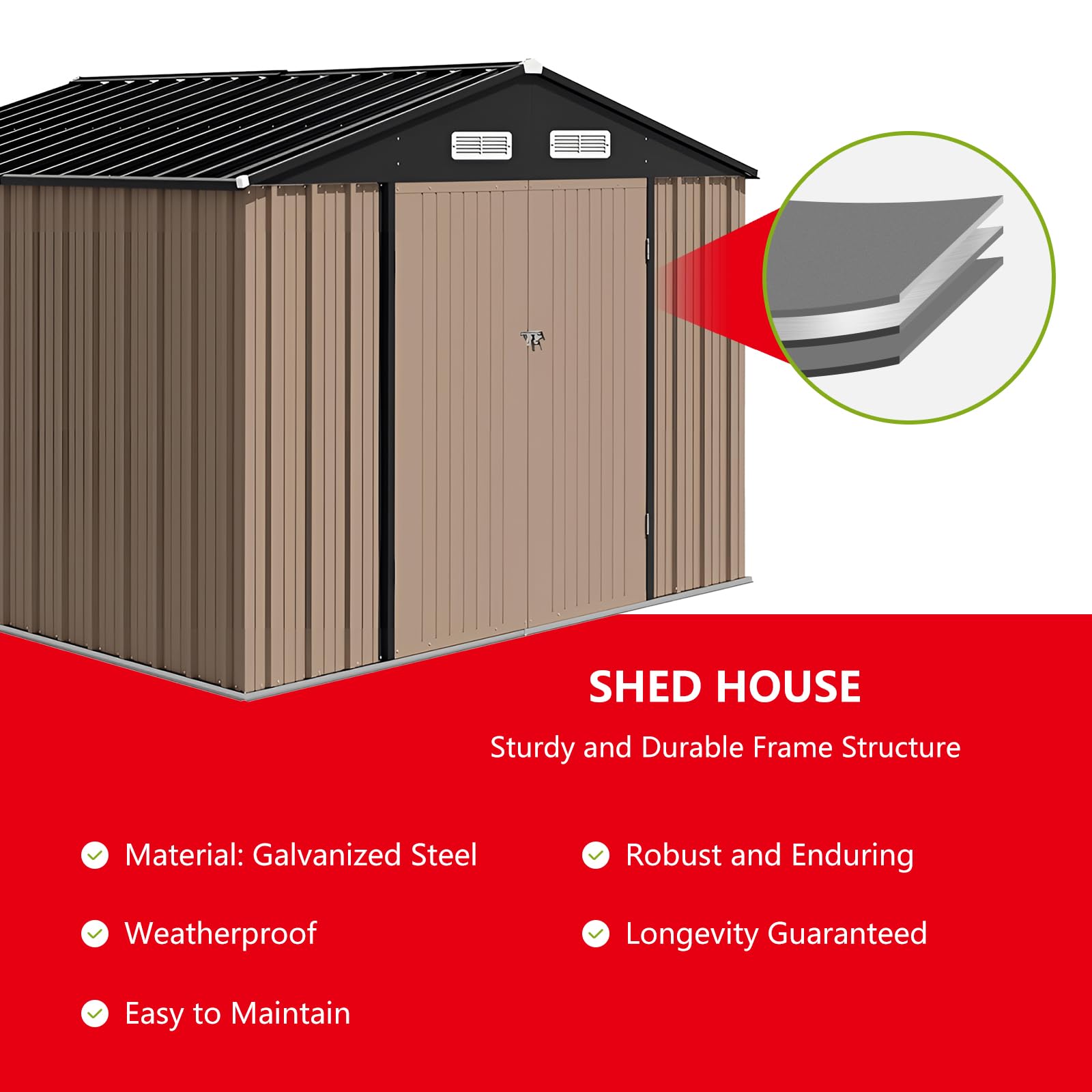 JoanKaren Outdoor Storage Shed House 8x10 FT, Heavy Duty Steel Metal Sheds with Doors for Patio Garden Backyard, Large Cabinet to Store Bikes, Tools and Lawnmowers, Ventilated & Waterproof (Brown)