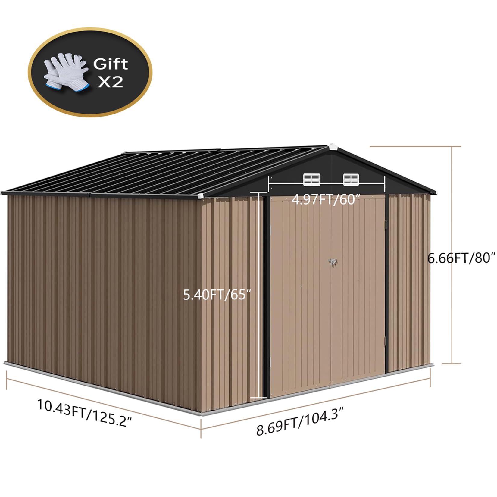 JoanKaren Outdoor Storage Shed House 8x10 FT, Heavy Duty Steel Metal Sheds with Doors for Patio Garden Backyard, Large Cabinet to Store Bikes, Tools and Lawnmowers, Ventilated & Waterproof (Brown)