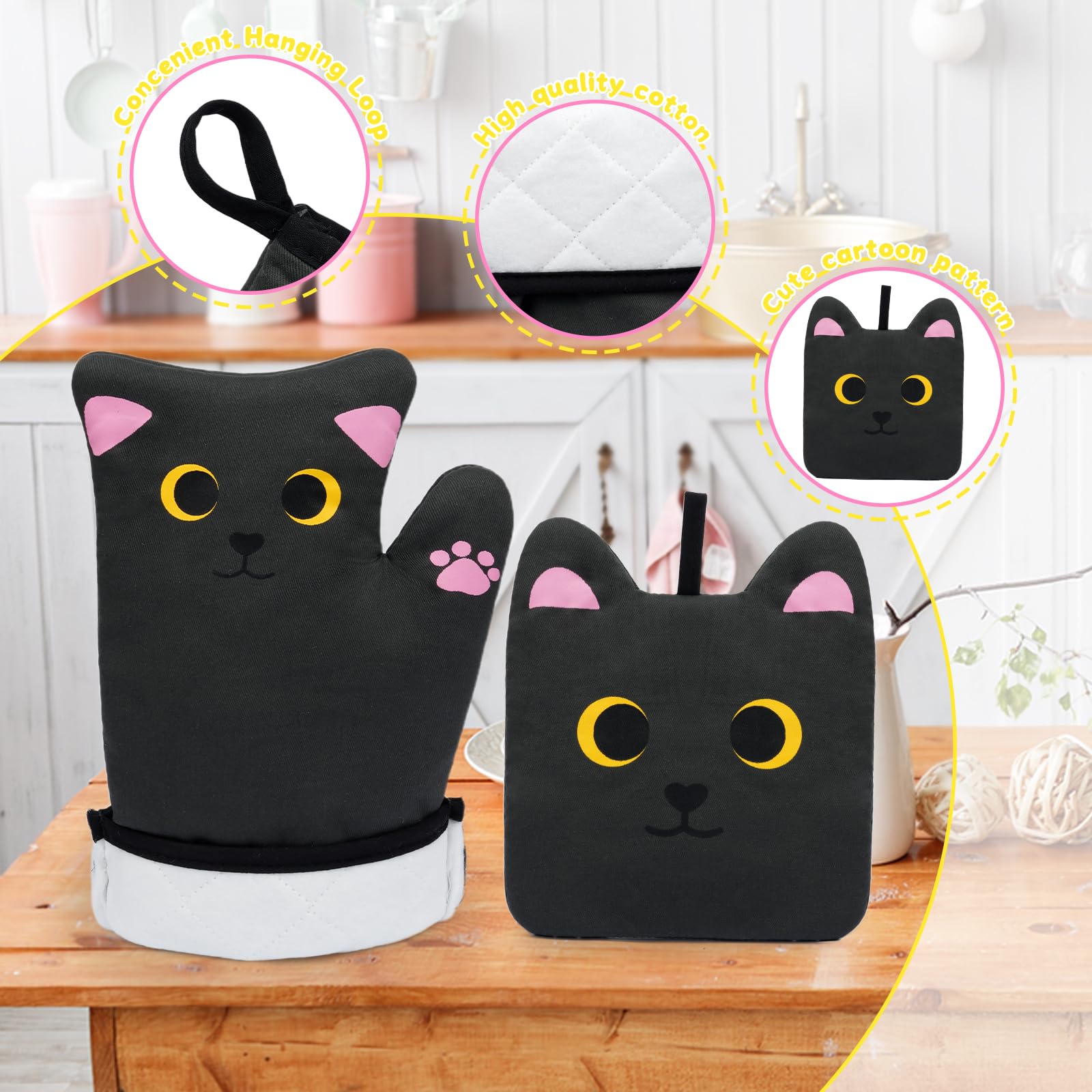 NIGOWAYS Oven Mitts,Cute Cat Design Cooking Glove,Quilted Cotton Lining,Heat Resistant Oven Mitts and Pot Holders Sets for Baking,Microwave,Cute Oven Mitts Gift for Mom,Housewarming(Black)