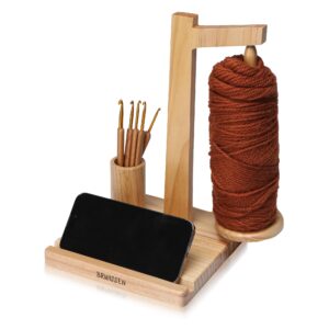 brwissen wooden yarn holder for crocheting and knitting with phone stand, crochet hook storage, and magnetic yarn ball holder spinner - ideal gift for crochet lovers-burlywood color