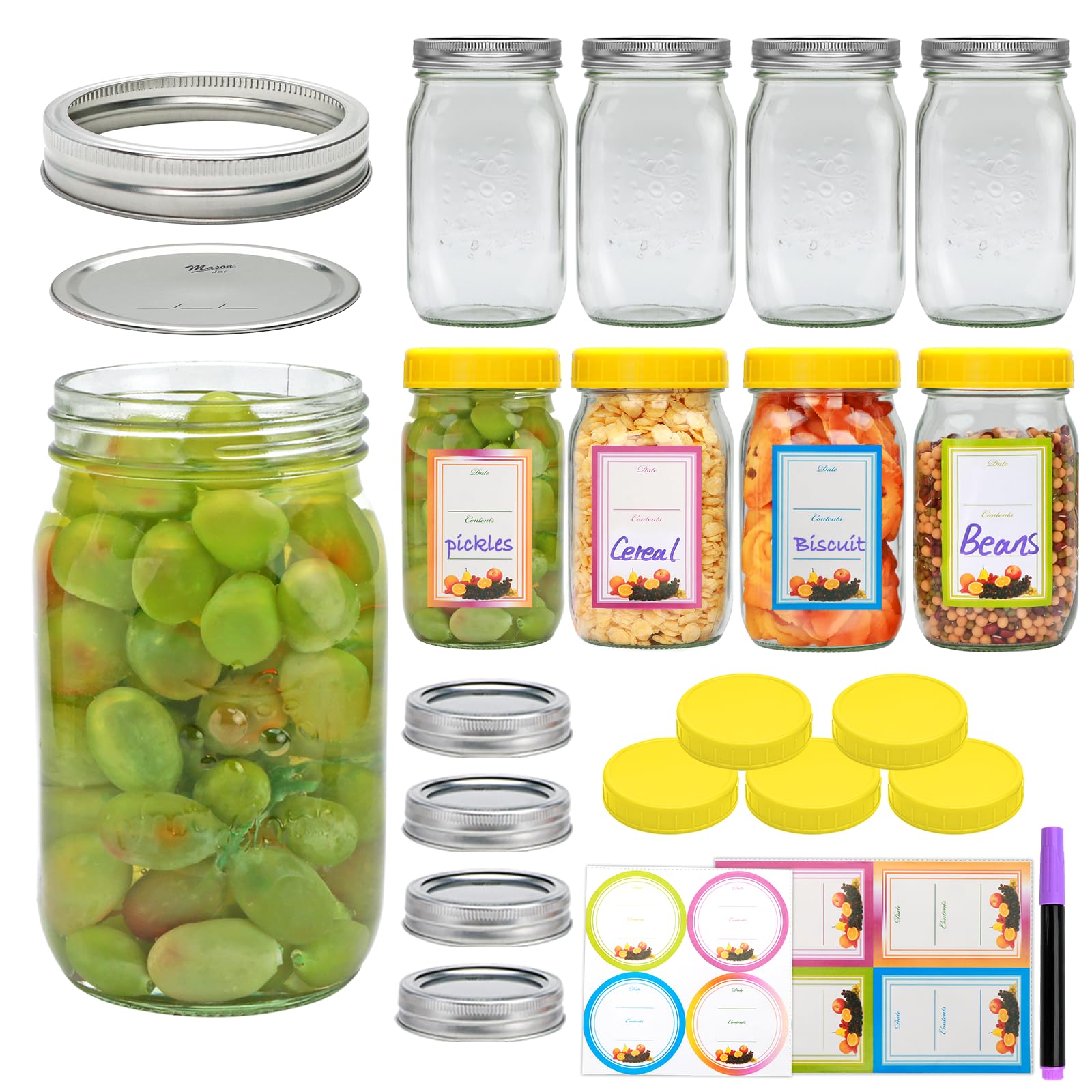 Brajttt Mouth Mason Jars 9 Pack Glass Jars with Lid and Bands,32 oz Large Mason Jars for Food Storage,Pickling,Dry Food,Snacks,Candies,Jam,Honey,Jelly