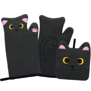 nigoways oven mitts,cute cat design cooking glove,quilted cotton lining,heat resistant oven mitts and pot holders sets for baking,microwave,cute oven mitts gift for mom,housewarming(black)