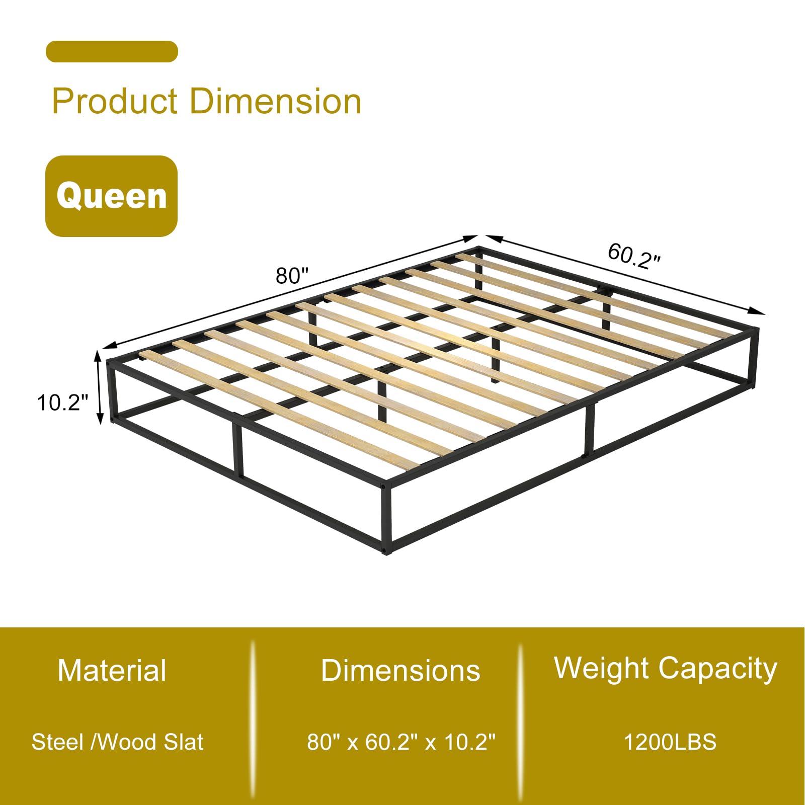 Mhjinuwet Queen Size Bed Frame, 10" Metal Platform with Wooden Slats, Easy Assembly, No Box Spring Needed