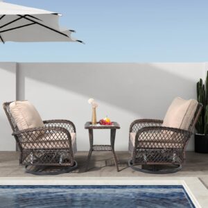 VINGLI 3 Pieces Outdoor Swivel Chairs Set of 2 and Side Table, Wicker Outdoor Rocking Chair Patio Swivel Chairs Outdoor Furniture Set for Porch Deck Backyard