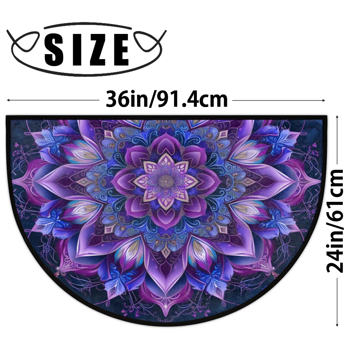 Purple Mandala Half Round Door Mat Indoor Entrance Boho Flower Washable Half Circle Area Rugs Non Slip Half Moon Rug Semi Circle Bathroom Rugs Floor Carpet for Kithen Bedroom Fireplace Decor