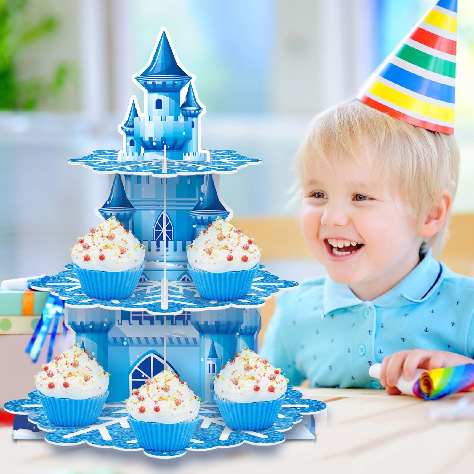 DALIAGRA 3 Tier Frozen Cupcake Stand Frozen Centerpieces Birthday Party Supplies Winter Wonder Princess Baby Shower Cake Table Decoration Snowflake Party Cupcake Holder for Girl Kids Party Favor