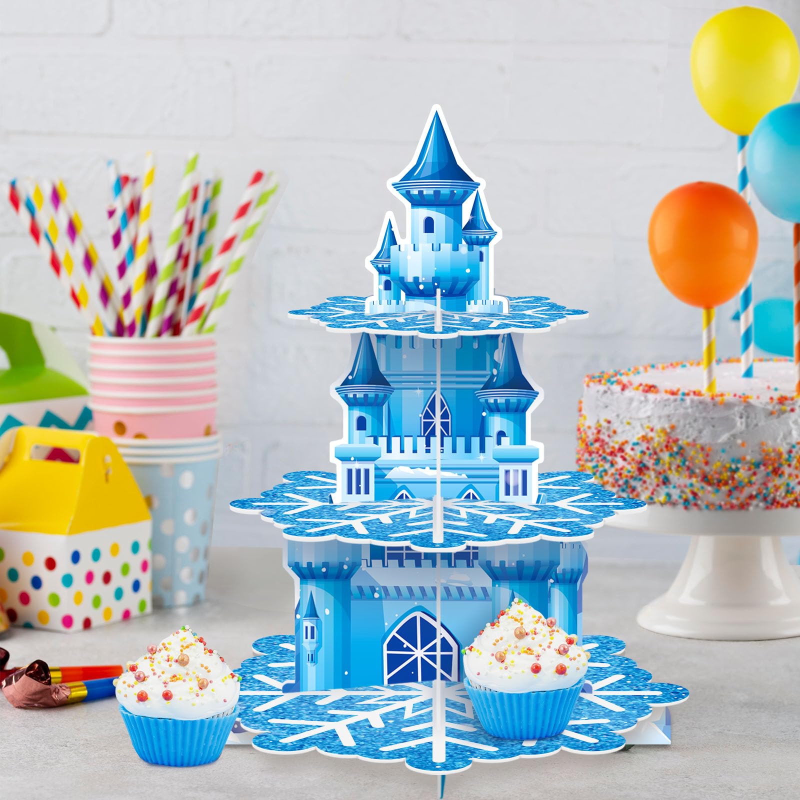 DALIAGRA 3 Tier Frozen Cupcake Stand Frozen Centerpieces Birthday Party Supplies Winter Wonder Princess Baby Shower Cake Table Decoration Snowflake Party Cupcake Holder for Girl Kids Party Favor