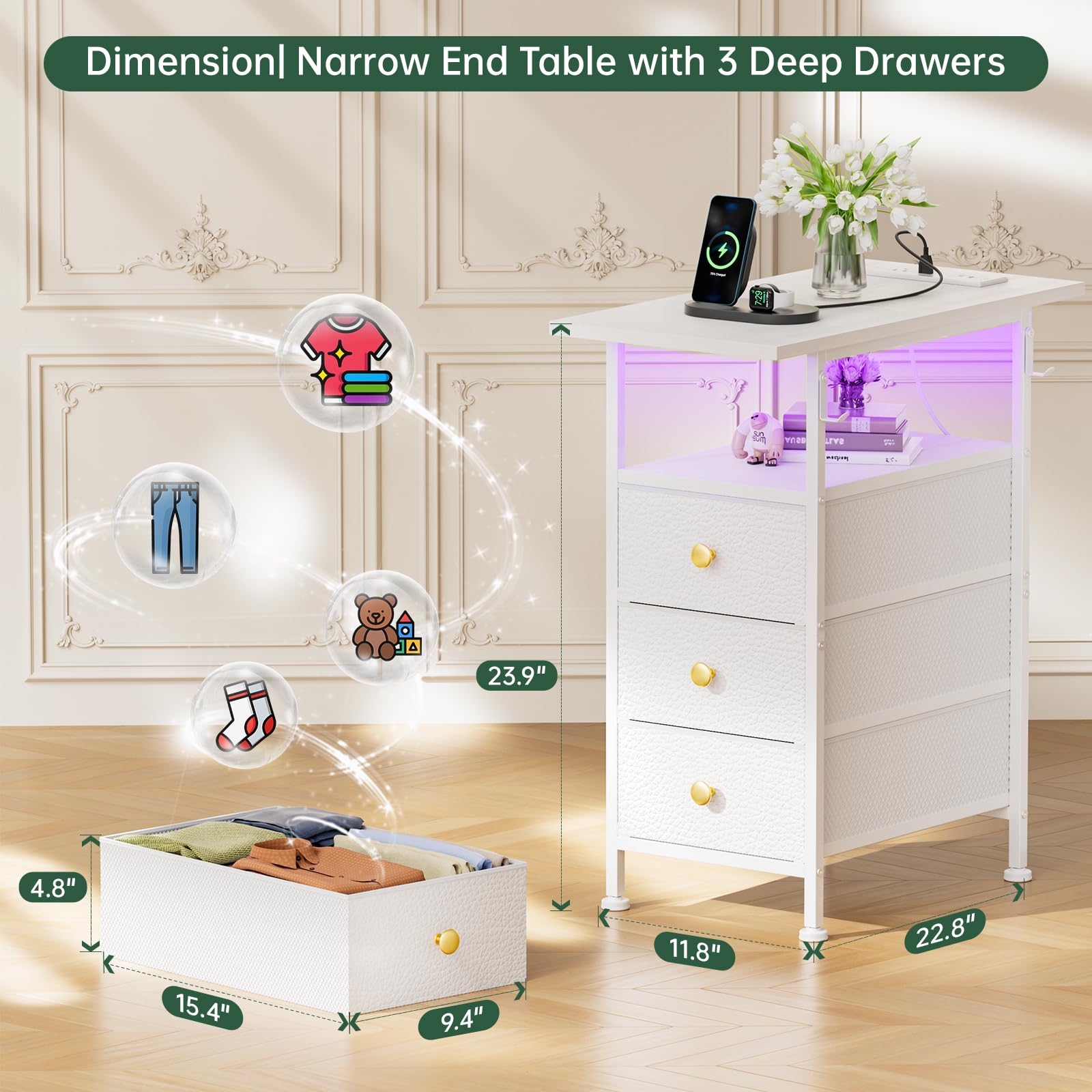 GipGiper End Table with Charging Station, Narrow Side Table with 3 Fabric Drawers and Shelf, Skinny Nightstand with LED Light, Slim Bedside Table for Bedroom, Living Room, Small Spaces, White