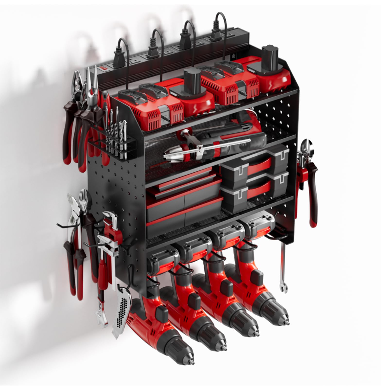 Power Tool Organizer with Charging Station, 4 Drills Holder Wall Mount Rack, 3 Layer Storage Rack,Side Pegboard with Screwdriver Holder/Plier Holder,etc, Garage Power Tool Storage with Power Strip