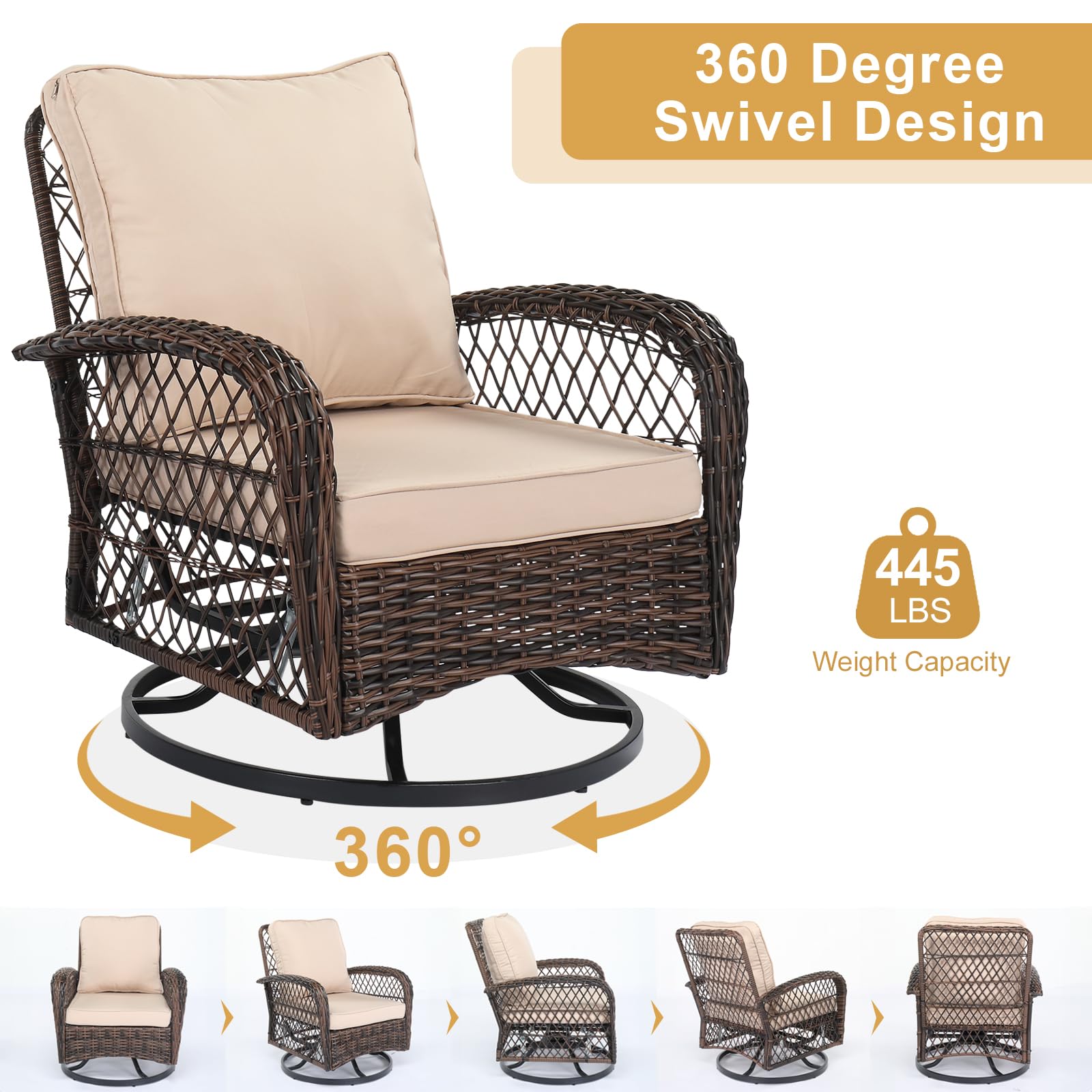 VINGLI 3 Pieces Outdoor Swivel Chairs Set of 2 and Side Table, Wicker Outdoor Rocking Chair Patio Swivel Chairs Outdoor Furniture Set for Porch Deck Backyard