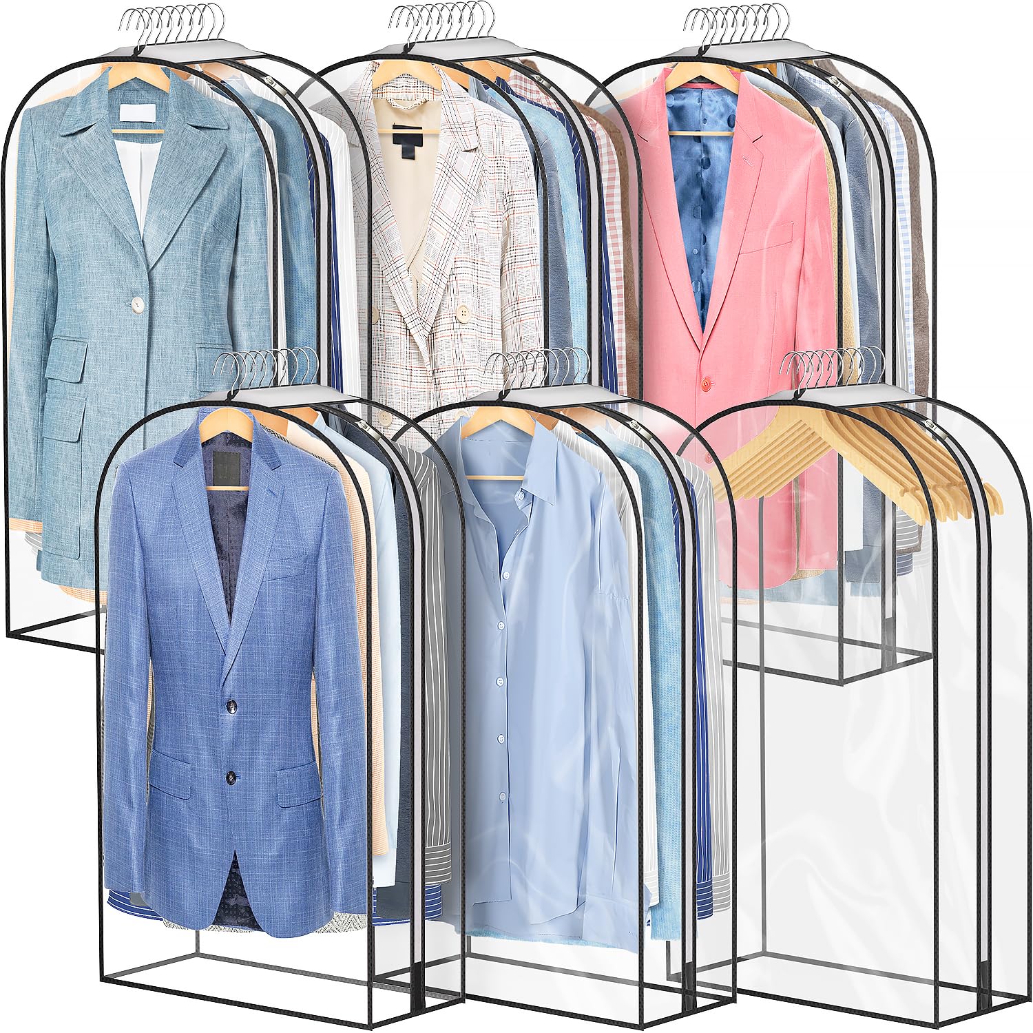 10" Gusseted All Clear Garment Bags, 40" Suit Bags for Closet Storage Hanging Clothes, Shirts, Coats, Dresses, 6 Packs