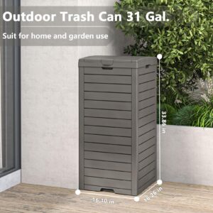 LHBGO 31 Gallon Kitchen Trash Can, Waterproof Garbage Can with Tiered Lid and Drip Tray, Resin Outside Trash Bin for Patio, Backyard, Deck, Gray