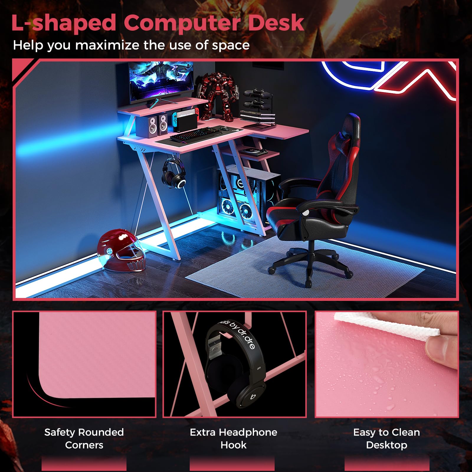 Tangkula L Shaped Gaming Desk with Power Outlets, Small Gaming Computer Desk 39inch with Storage Shelf, Corner Desk with Carbon Fiber Texture, Gamer Desk Gaming Table (Pink)