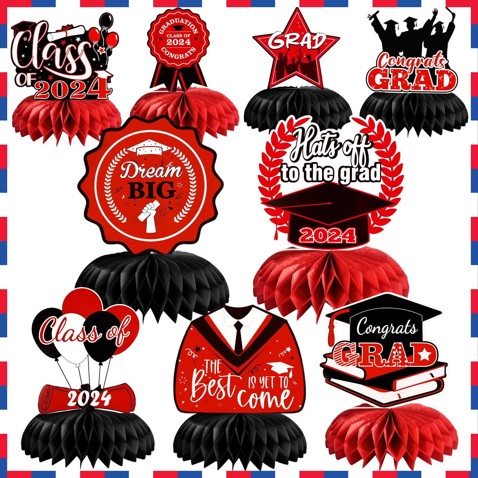 2024 Graduation decorations party centerpieces Class of 2024, 9pcs Graduation decoration party table Honeycomb Centerpieces decor Congrats Grad Party Supplies(Red)