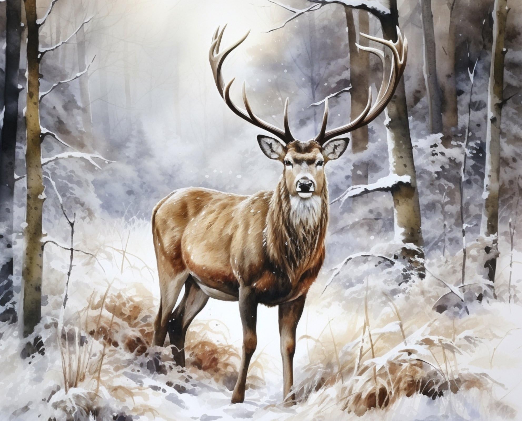 DAVID TEXTILES Winter Stag Deer 14 Point Cotton Panel 36 X 44 Inches AL 6450, White