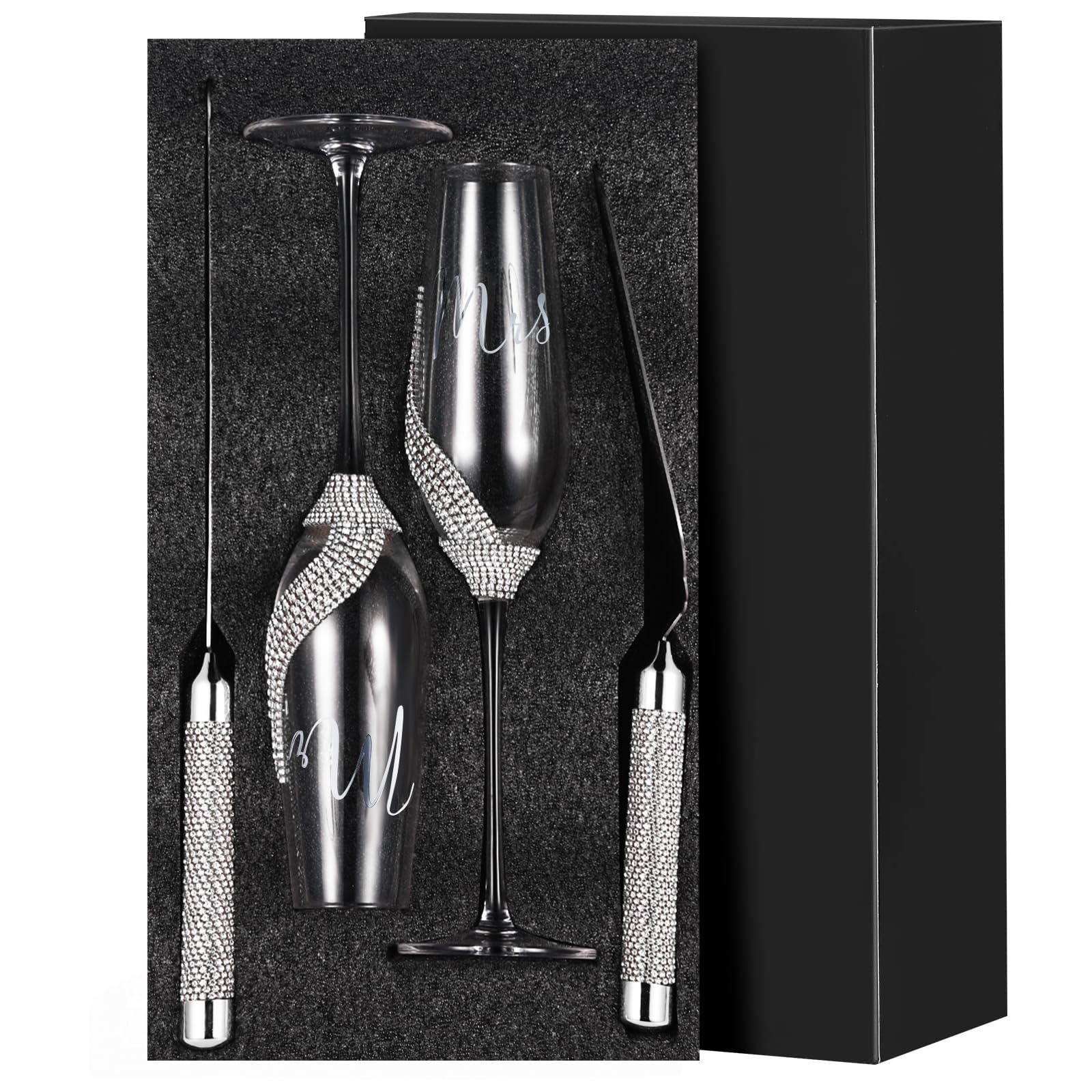 Sratte 4 Pcs Wedding Cake Knife and Champagne Flutes Server Set, Toasting Crystal Rhinestone Champagne Flutes Glasses Cake Knife Pie Server Wedding Gifts for Couple Bride Groom (Silver,Classic)