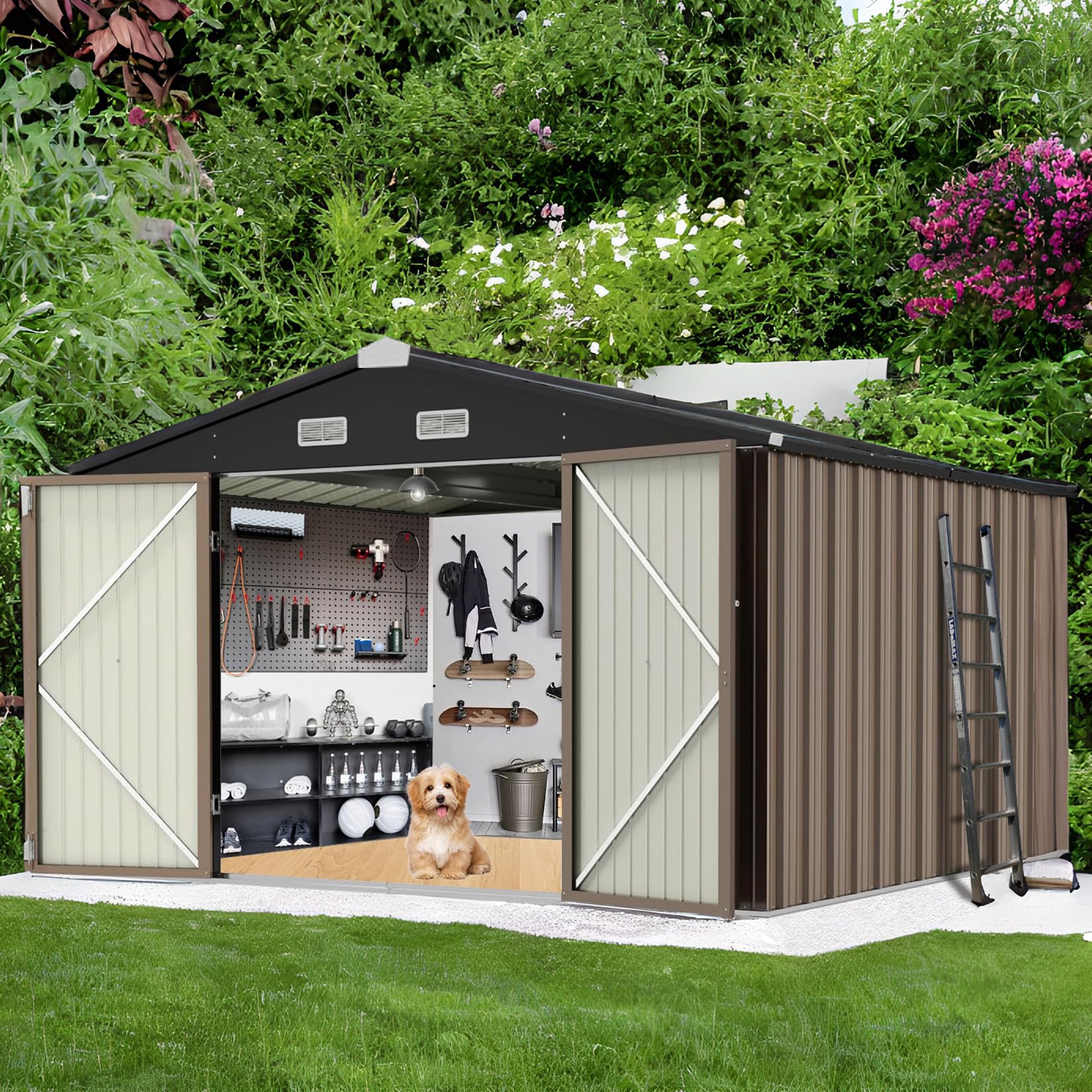 JoanKaren Outdoor Storage Shed House 8x10 FT, Heavy Duty Steel Metal Sheds with Doors for Patio Garden Backyard, Large Cabinet to Store Bikes, Tools and Lawnmowers, Ventilated & Waterproof (Brown)