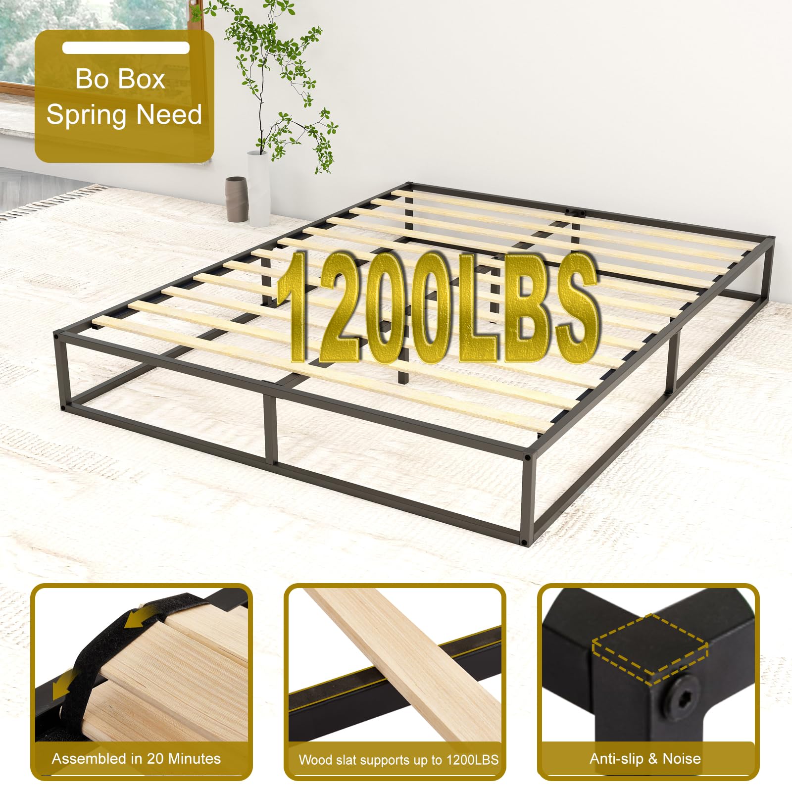 Mhjinuwet Queen Size Bed Frame, 10" Metal Platform with Wooden Slats, Easy Assembly, No Box Spring Needed