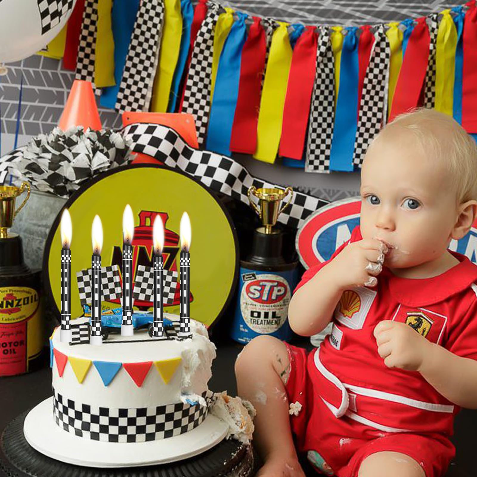 Race Car Theme Birthday Candles, 12Pcs Black White Long Thin Birthday Candles, Race Car Cake Topper Checkered Flag Birthday Party Decorations for Kids Boys