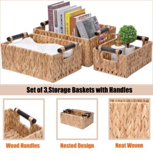 YOCAHAOY Wicker Storage Basket Shelf Bakets Hand-Woven Water Hyacinth Woven Storage Basket with Wooden Handles,Nested Organizer Container with Built-In Carry Handles,3 Pack