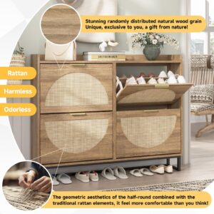 Maupvit Large Rattan Shoe Storage Cabinet with 4 Flip Drawers, Freestanding Shoe Organizer with Metal Legs for Entryway, Hidden Golden Handles, Narrow Shoe Rack Cabinet, Rustic Oak Rattan