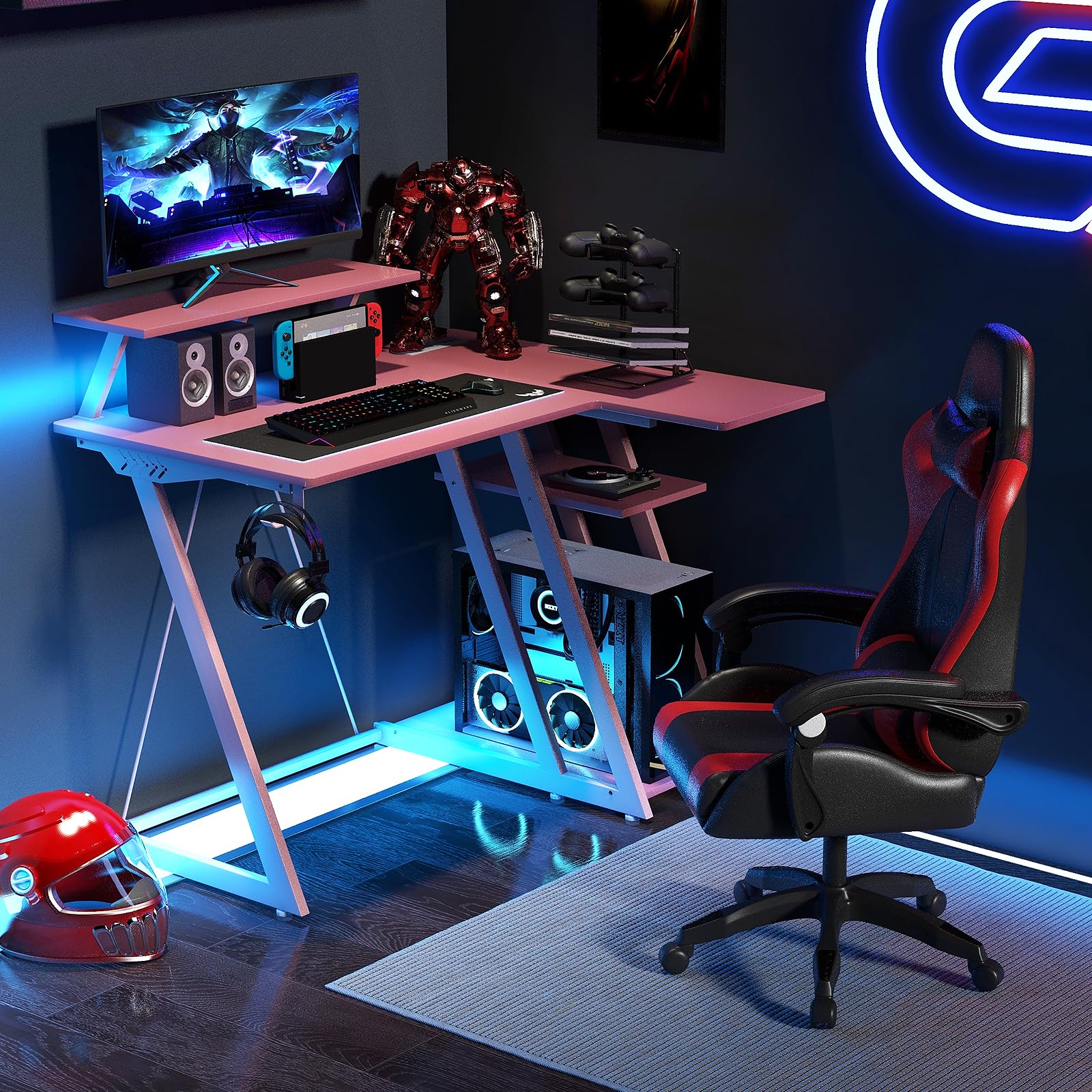 Tangkula L Shaped Gaming Desk with Power Outlets, Small Gaming Computer Desk 39inch with Storage Shelf, Corner Desk with Carbon Fiber Texture, Gamer Desk Gaming Table (Pink)