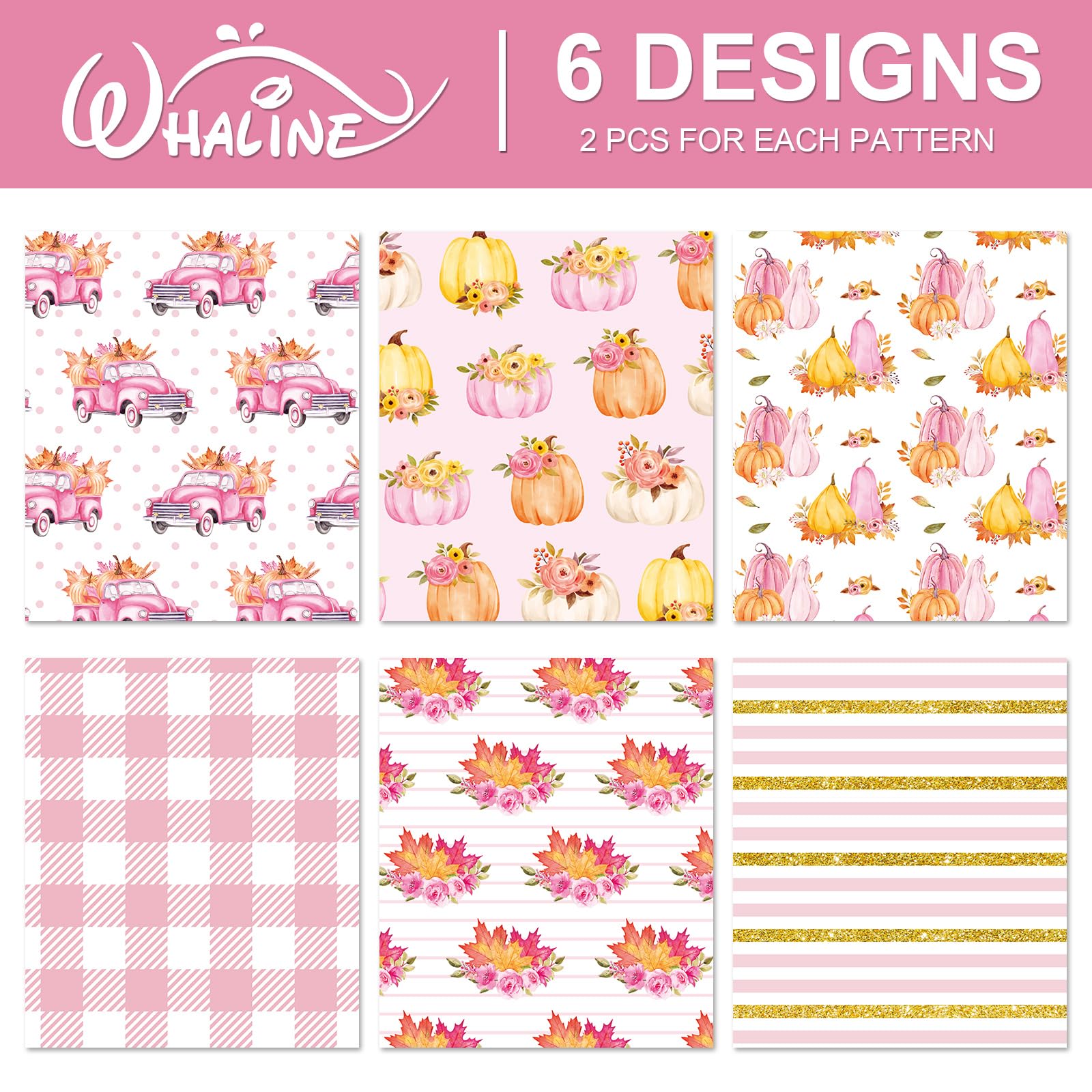 Whaline 12 Sheet Fall Wrapping Paper -Not Roll- Pink Truck Pumpkin Plaid Maple Leaf Gift Wrap Paper Bulk Autumn Harvest Art Paper for DIY Crafts, 19.7 x 27.6 Inch, Folded Flat