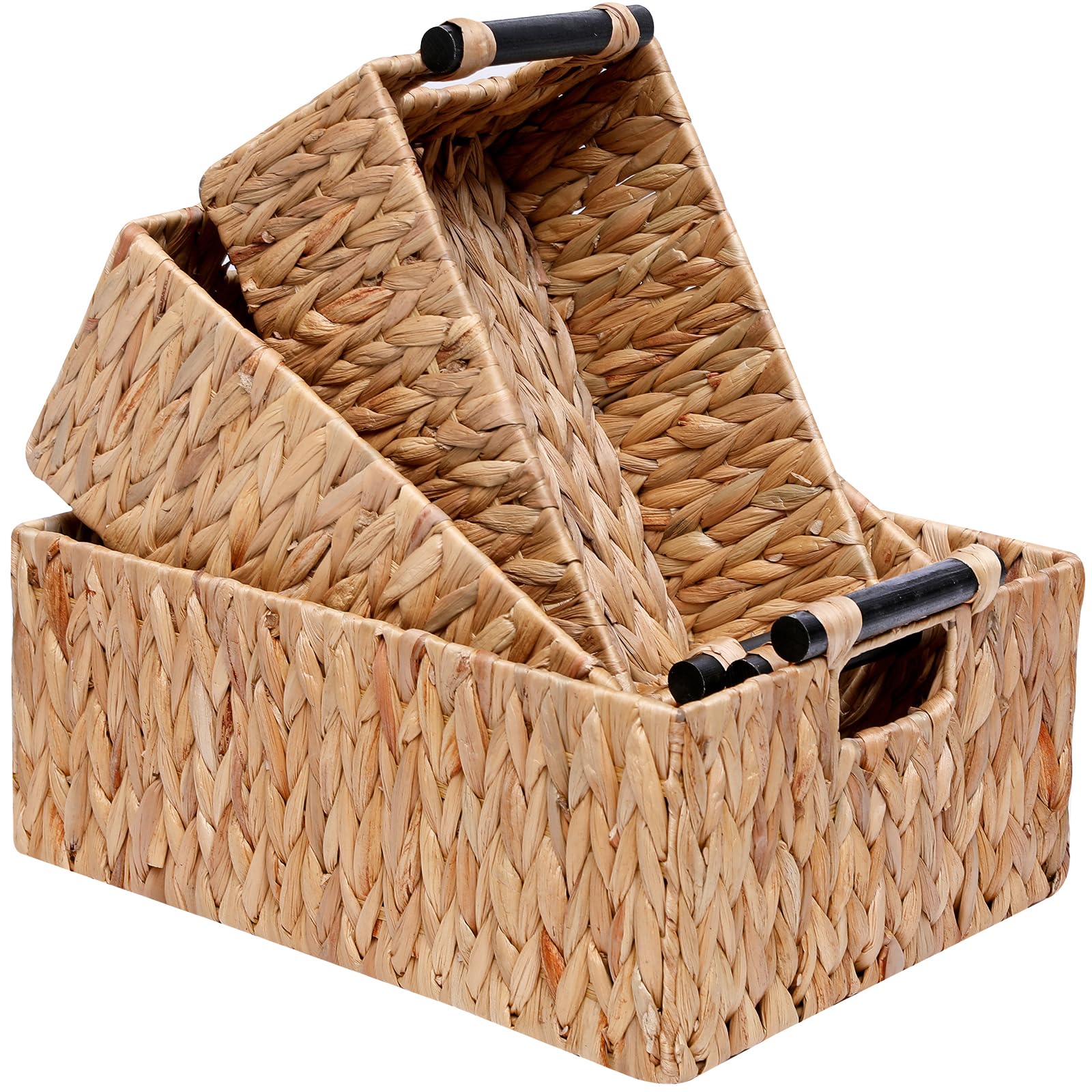 YOCAHAOY Wicker Storage Basket Shelf Bakets Hand-Woven Water Hyacinth Woven Storage Basket with Wooden Handles,Nested Organizer Container with Built-In Carry Handles,3 Pack